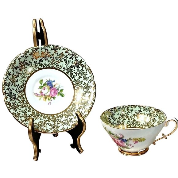 Stanley Other - STANLEY ENGLAND QUEEN ANNE TEA CUP TEACUP SAUCER MINT GREEN ROSE 24K GOLD